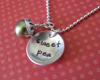 sweet pea necklace with personalized capped pearl