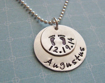 custom baby name necklace with birth date and footprints