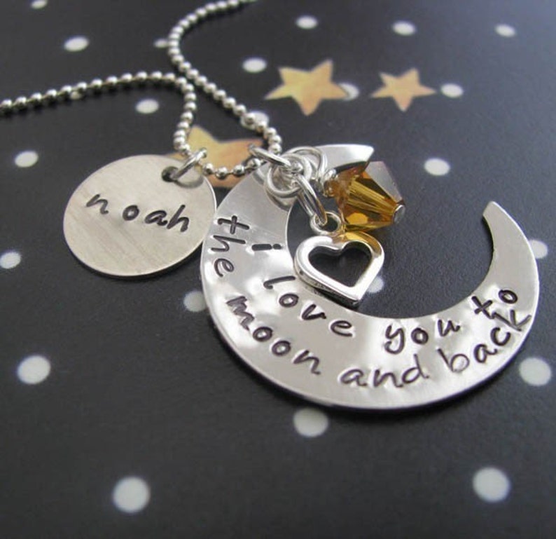 I love you to the moon and back necklace hand stamped silver image 2