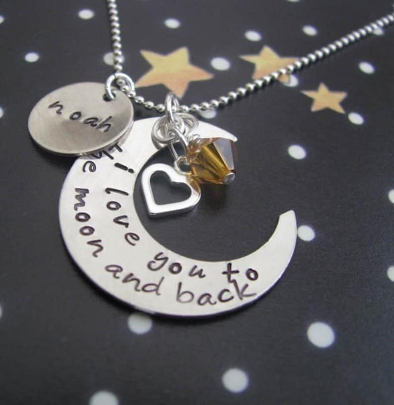 I love you to the moon and back necklace hand stamped silver image 1