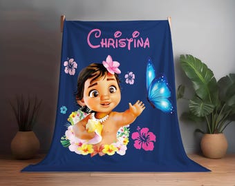 Disney Princess Moana Custom Name Blanket, Personalized Moana Birthday Baby Shower Christmas Name Blanket Gift for Toddler Baby Girl