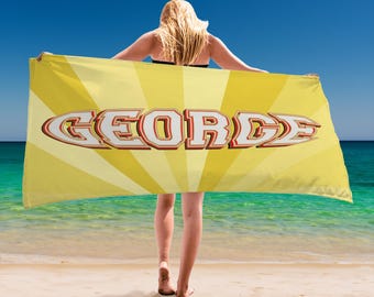 Retro Style Custom Name Beach Towel, Personalized Vintage Retro Pattern Birthday Anniversary Christmas Name Beach Towel Gift for Him Kids