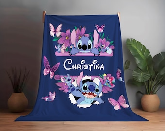 Stitch Custom Name Throw Blanket, Personalized Stitch Birthday Baby Shower Christmas Halloween Name Blanket Gift for Kids Baby Girls Boys