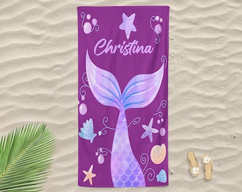 Mermaid Tail Custom Name Beach Towel Personalized Mermaid Tail Name Beach Pool Towel Birthday Christmas Baby Shower Gift for Girls Kids Her