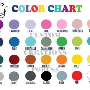 K&ouml;nnte beinhalten: Eine Farbkarte mit einer Vielzahl von Farbt&ouml;nen, darunter Lila, Lavendel, Rosa und Gr&uuml;n. Jede Farbe wird in einer kreisf&ouml;rmigen Form mit ihrem Namen darunter angezeigt. Der Text "COLOR CHART" steht oben.
