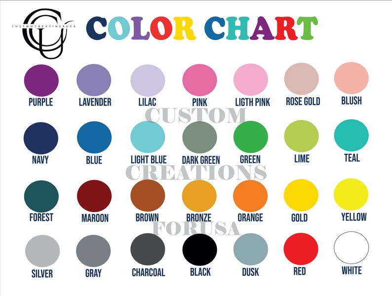 K&ouml;nnte beinhalten: Eine Farbkarte mit einer Vielzahl von Farbt&ouml;nen, darunter Lila, Lavendel, Rosa und Gr&uuml;n. Jede Farbe wird in einer kreisf&ouml;rmigen Form mit ihrem Namen darunter angezeigt. Der Text "COLOR CHART" steht oben.