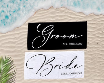 Custom Bride Groom Matching Beach Towels, Personalized Bride Groom Mr Mrs Matching Beach Towel set Gift Newlyweds Honeymoon Wedding Proposal