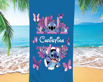 Stitch Custom Name Beach Towel, Personalized Stitch Birthday Baby Shower Christmas Halloween Name Beach Towel Gift for Kids Baby Girls Her