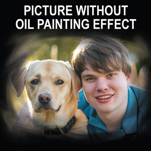 K&ouml;nnte beinhalten: Ein Portr&auml;t mit einer l&auml;chelnden Person und einem gelben Labrador Retriever. Die Person tr&auml;gt ein blaues Hemd. Der Hund tr&auml;gt ein schwarzes Halsband. Der Text oben lautet "PICTURE WITHOUT OIL PAINTING EFFECT."
