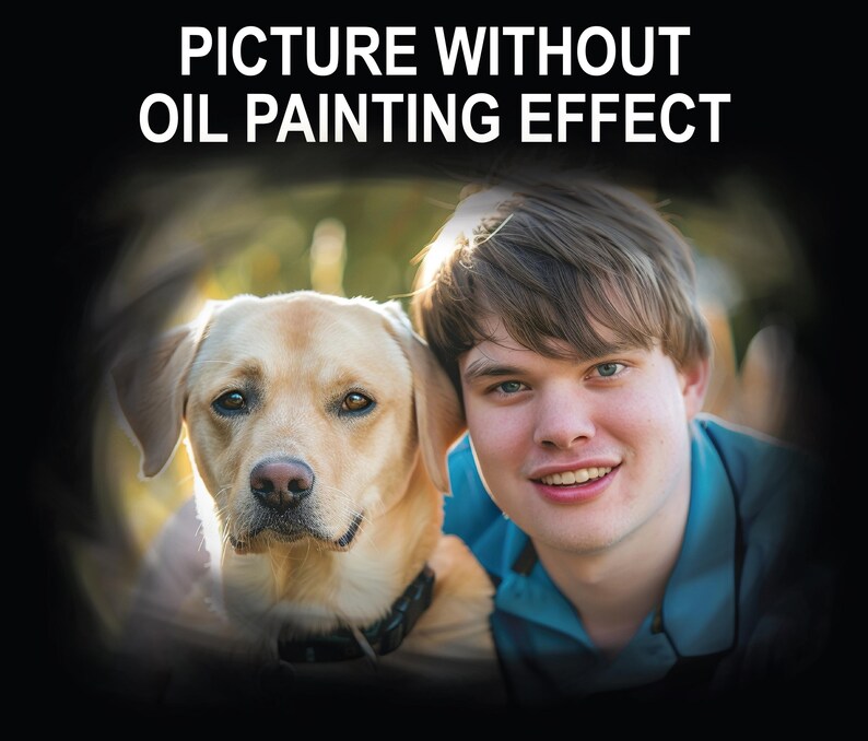 K&ouml;nnte beinhalten: Ein Portr&auml;t mit einer l&auml;chelnden Person und einem gelben Labrador Retriever. Die Person tr&auml;gt ein blaues Hemd. Der Hund tr&auml;gt ein schwarzes Halsband. Der Text oben lautet "PICTURE WITHOUT OIL PAINTING EFFECT."