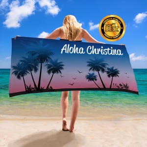 Palm Tree Island Sunset Custom Name Beach Towel Personalized Palm Tree Birthday Bach Trip Bride Bridesmaid Name Beach Towel Gift for Her