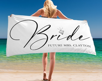 Custom Future Bride Name Beach Towel, Personalized Bride Beach Towel Bridal Shower Gift for Wedding Proposal Newlyweds Honeymoon Mrs towel