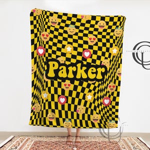 Emoji Custom Name Blanket Personalized Checkered Retro Style Emoji Christmas Birthday Name Blanket Gift for Kids Her Him Baby Shower