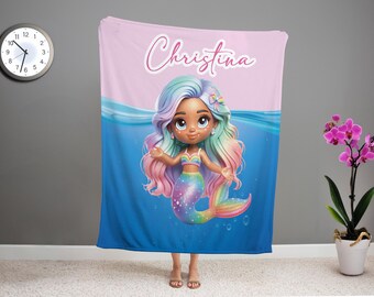 Mermaid Custom Throw Blanket for Baby Girls Personalized Mermaid Christmas Birthday Party Name Blanket Gift for Baby Shower Kids Girls Her