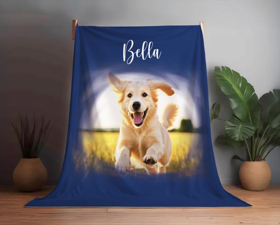 Custom Dog Cat Photo Blanket with Cloud and Oil Painting Effect Personalized Pet Picture Christmas Birthday Name Blanket Gift for Kids