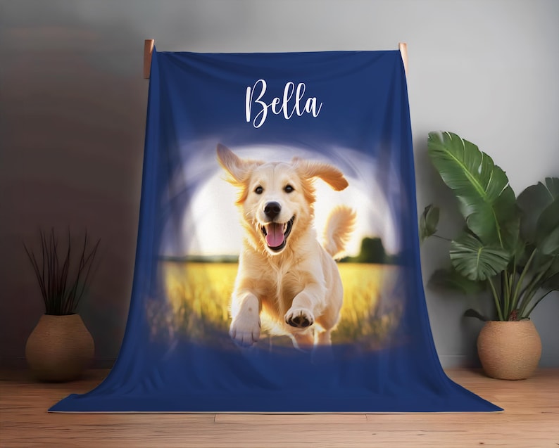 Custom Dog Cat Photo Blanket with Cloud and Oil Painting Effect Personalized Pet Picture Christmas Birthday Name Blanket Gift for Kids