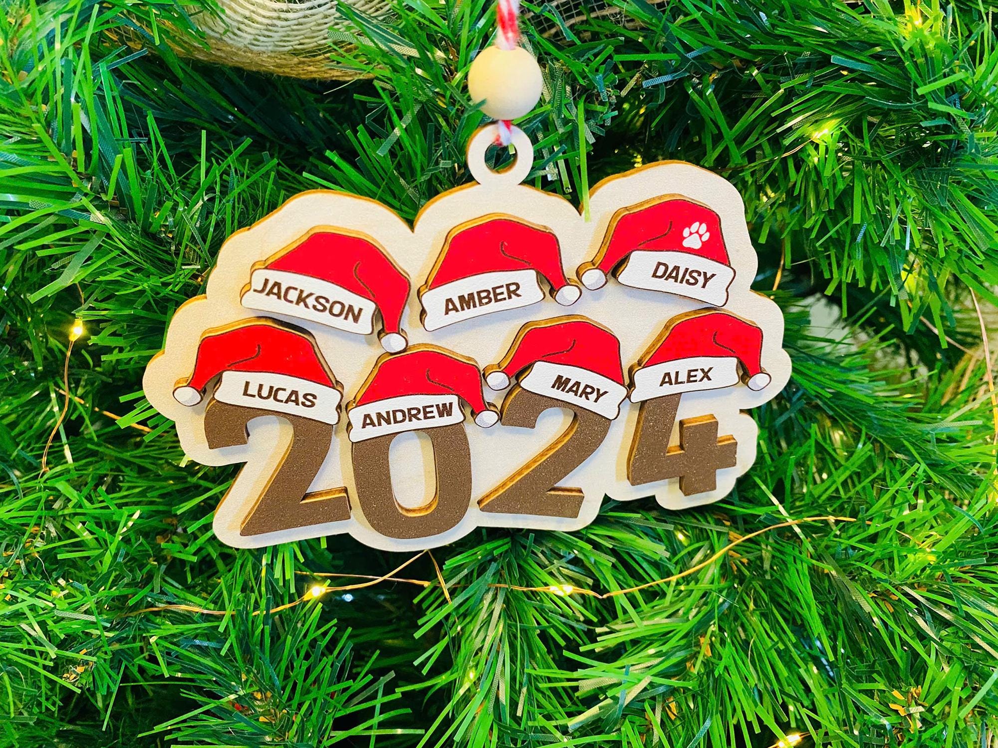 Family Ornament 2024, Personalized Christmas Ornament, Family Christmas Ornament , Santa Hat Ornament, Yearly Ornament