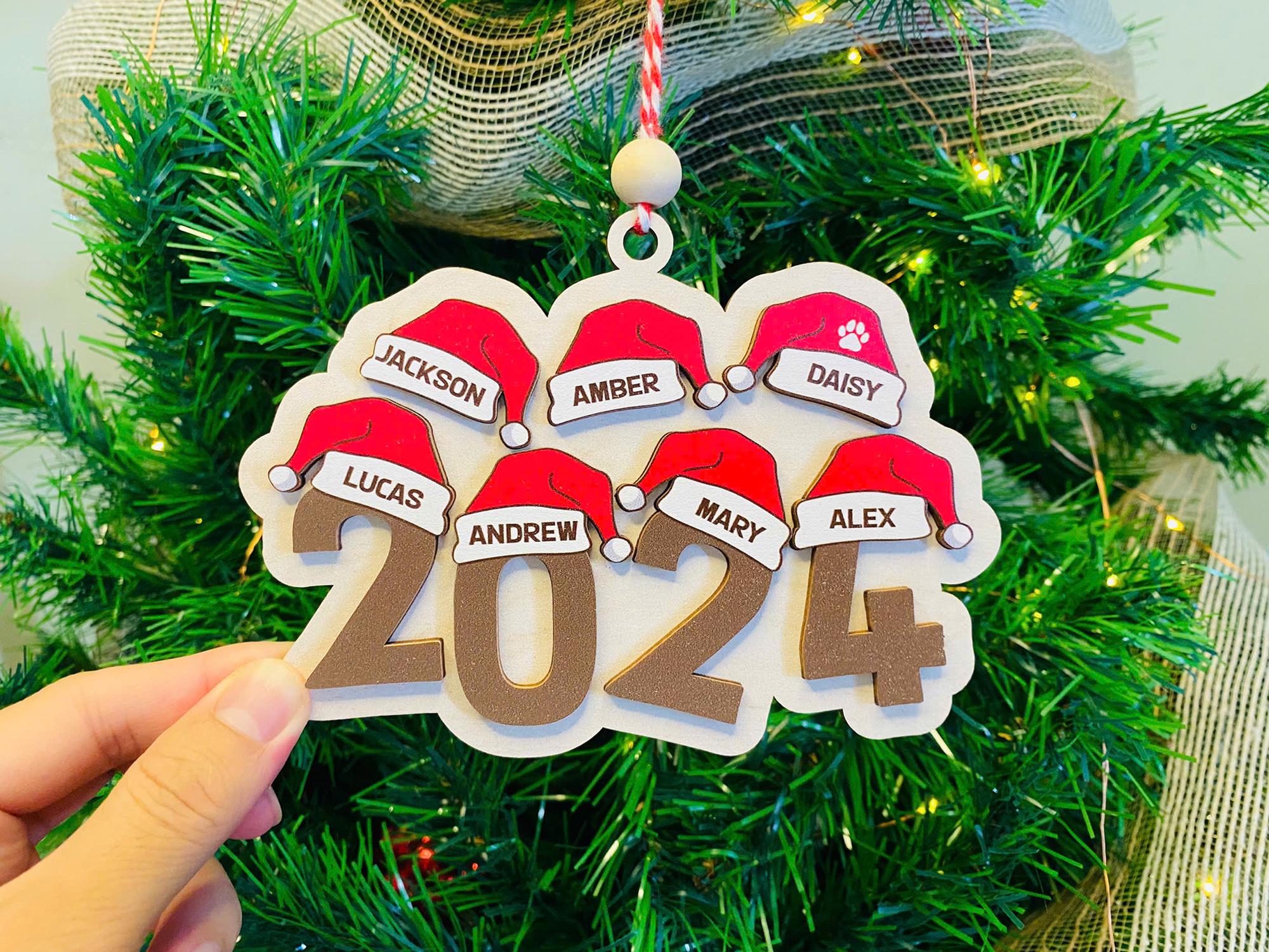 Family Ornament 2024, Personalized Christmas Ornament, Family Christmas Ornament , Santa Hat Ornament, Yearly Ornament