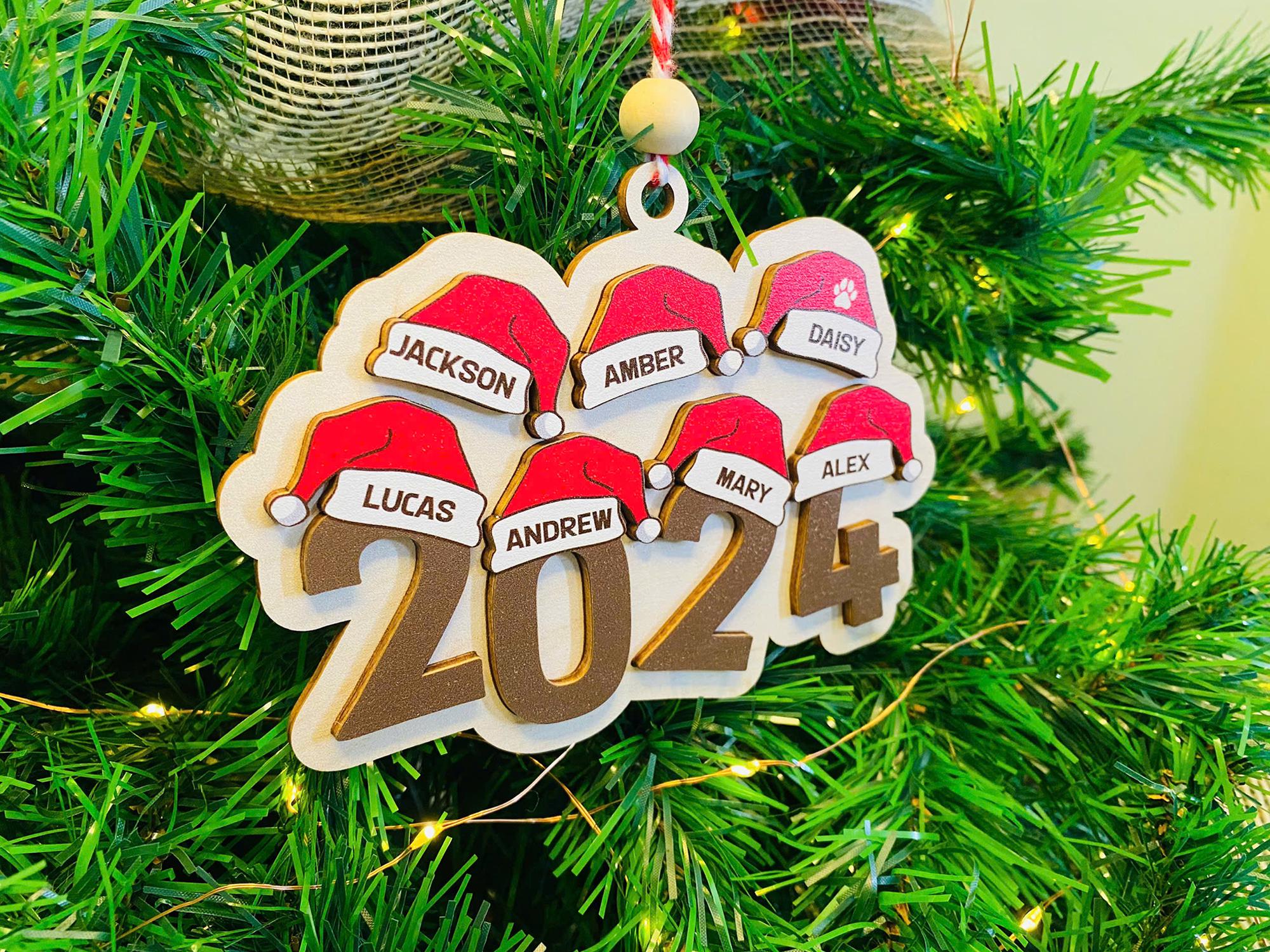 Family Ornament 2024, Personalized Christmas Ornament, Family Christmas Ornament , Santa Hat Ornament, Yearly Ornament