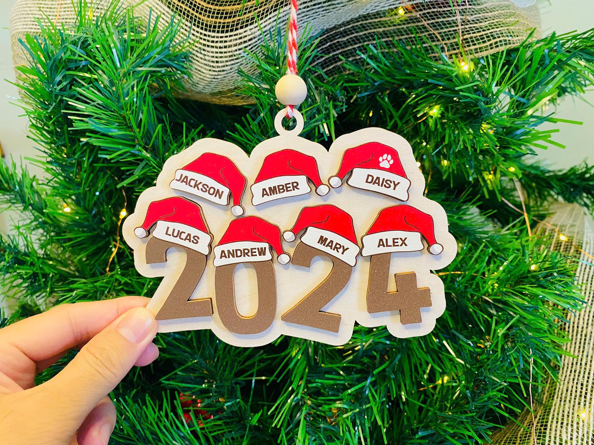 Family Ornament 2024, Personalized Christmas Ornament, Family Christmas Ornament , Santa Hat Ornament, Yearly Ornament