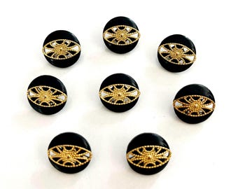 boutons vintage noirs et dorés ; 8 pièces, style élégant des années 80