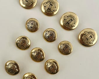 Vintage Gold Metal Military Blazer Buttons Set • 12 pcs • 4L (20mm) and 8S (14mm) • Regiment Metal Buttons • Antique Gold Finish