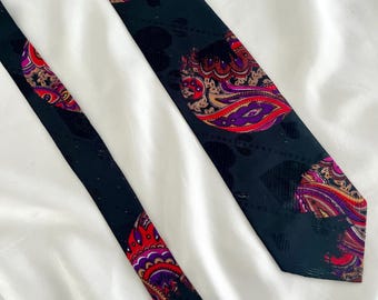 Vintage Carven Silk Tie, French Designer Tie, Bold Paisley Pattern, Black & Multicolor, 90s Luxury Neckwear, Men’s Statement Accessory