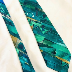 Vintage Carven Silk Tie • Abstract Blue Green Necktie • 90s French Designer Tie • Wide Retro Silk Tie • Men’s Luxury Accessory