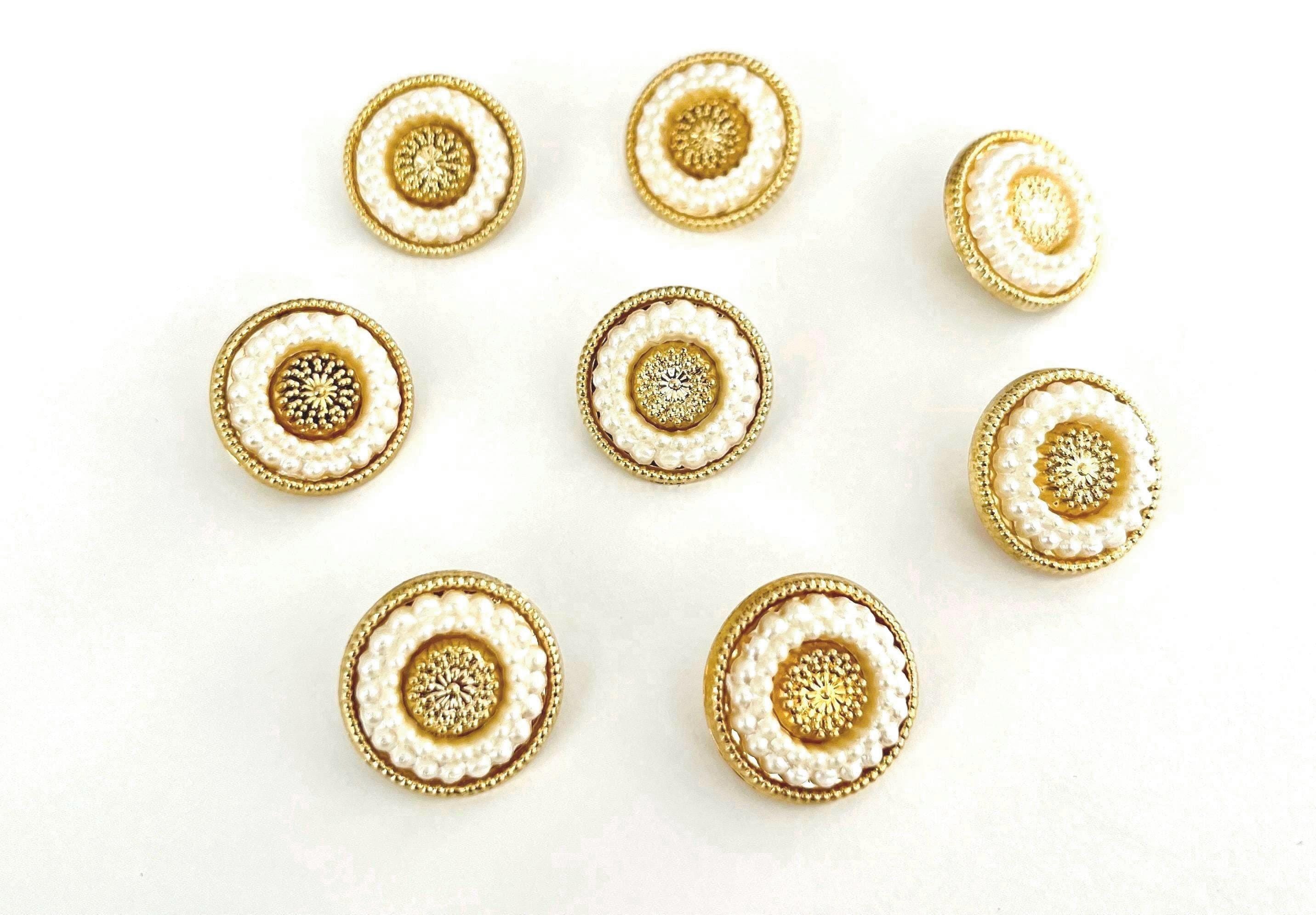 Vintage Gold White Pearl Shank Buttons - Set of 8 - 17mm Round Textured Circle Design