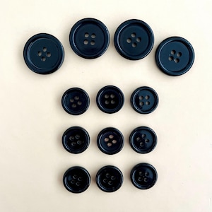 TrueSuit Black Button Set • 4 Large + 9 Small • 20mm & 14.5mm • Glossy 4-Hole Suit Buttons • Classic Formal Tailoring