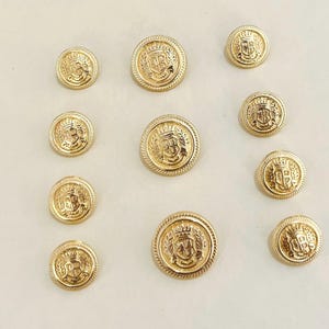 Vintage Gold Metal Crest Buttons: Matte Finish, Set of 14