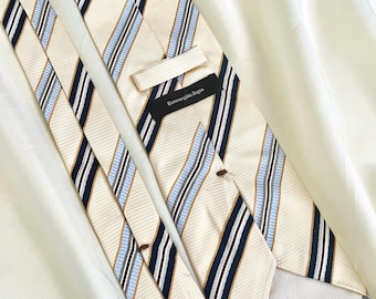 Vintage Ermenegildo Zegna Silk Tie: Beige & Blue Striped Italian Necktie