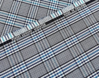 Vintage Worsted Wool Fabric: Blue Plaid Check, Made in England