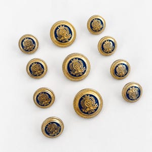 Puede incluir: Un conjunto de diez botones redondos con un centro azul profundo y un diseño de escudo dorado en relieve. Cada botón está enmarcado por un borde dorado texturizado. El set incluye botones de varios tamaños, todos con el mismo emblema.