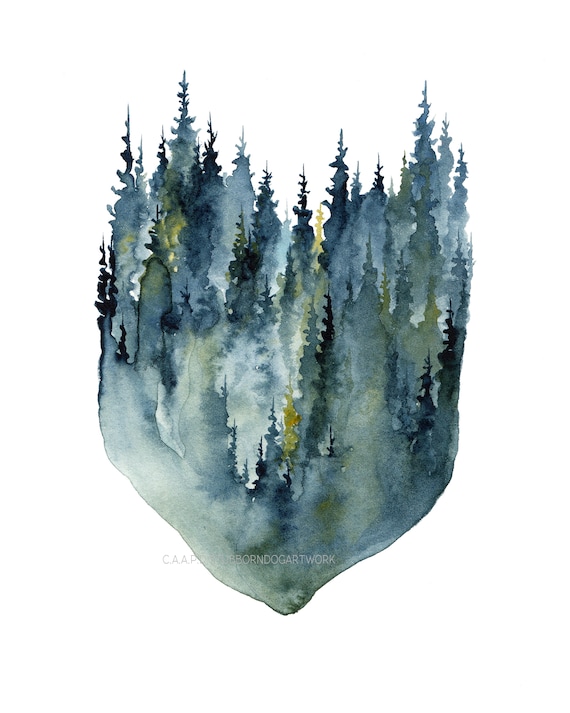 treeline Watercolor Art Print evening north woods forest nature Silver Pines pine trees