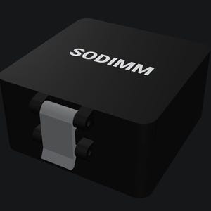 May include: A square black box with rounded corners featuring the white text SODIMM printed on the top surface. The box includes a light gray rectangular latch mechanism attached to the front side with two black hinges for closure.