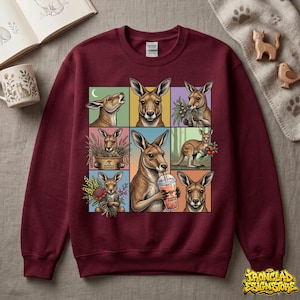 Funny Kangaroo Comic Grid Sweatshirt, Boba Tea Kangaroo Pullover, Cute Animal Lover Gift, Australian Wildlife Graphic Tee, Pop Art Sweater