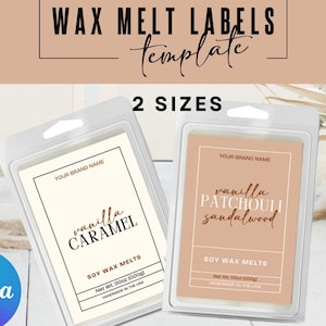 May include: Two wax melt label templates in clear plastic packaging. The labels feature text that reads "WAX MELT LABELS template" and "2 SIZES". One label says "vanilla CARAMEL" and the other says "vanilla PATCHOULI sandalwood". The labels also include "SOY WAX MELTS" and "Net Wt. 00oz (000g)".