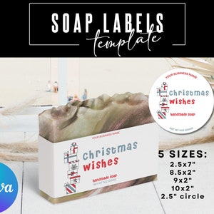 May include: A bar of soap with a label that reads "Christmas Wishes" with gift box illustrations. The image also shows a round label with the same design. The text "Soap Labels Template" is at the top, and "Canva" is in the lower left.