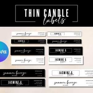 Puede incluir: Una colecci&oacute;n de etiquetas delgadas para velas en blanco y negro, con el texto "THIN CANDLE labels" en la parte superior. Las etiquetas presentan las frases "summer breeze" y "JASMINE & lilac". El logotipo de Canva es visible.