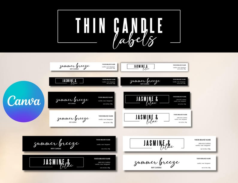 Puede incluir: Una colecci&oacute;n de etiquetas delgadas para velas en blanco y negro, con el texto "THIN CANDLE labels" en la parte superior. Las etiquetas presentan las frases "summer breeze" y "JASMINE & lilac". El logotipo de Canva es visible.