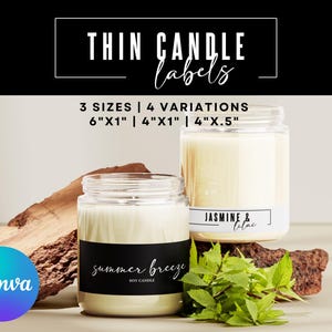 Puede incluir: Dos velas en tarro de cristal con etiquetas que dicen "summer breeze" y "Jasmine & Lilac". Las etiquetas son en blanco y negro. La imagen tambi&eacute;n muestra el texto "Thin Candle Labels" y "3 Tama&ntilde;os | 4 Variaciones: 15cmx2.5cm | 10cmx2.5cm | 10cmx1.3cm".