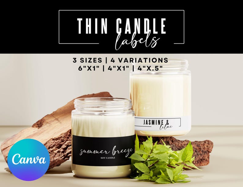 Puede incluir: Dos velas en tarro de cristal con etiquetas que dicen "summer breeze" y "Jasmine & Lilac". Las etiquetas son en blanco y negro. La imagen tambi&eacute;n muestra el texto "Thin Candle Labels" y "3 Tama&ntilde;os | 4 Variaciones: 15cmx2.5cm | 10cmx2.5cm | 10cmx1.3cm".