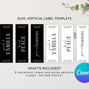 Könnte beinhalten: Ein schlankes, vertikales Etiketten-Template mit den Texten "peach & VANILLA", "love and PEACE" und "peace and HARMONY". Die Etiketten sind in Schwarz-Weiß-Varianten und zwei Größen erhältlich: 7,6x2,5 cm und 8,9x3,8 cm. Das Canva-Logo ist ebenfalls vorhanden.