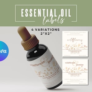 May include: A black essential oil bottle with a brown dropper, labeled with "wildflower & jasmine." The image also displays two 2"x2" label variations with floral designs and the text "ESSENTIAL OIL labels" and "4 VARIATIONS 2"X2".