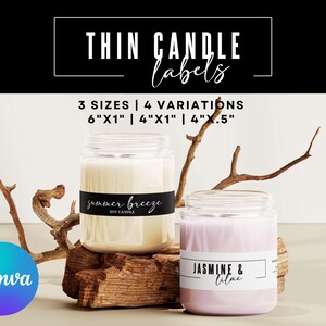 Puede incluir: Dos velas en tarro de cristal con etiquetas que dicen "summer breeze" y "jasmine & lilac". Las etiquetas son en blanco y negro. La imagen tambi&eacute;n muestra el texto "Thin Candle Labels" y los tama&ntilde;os 15,2cm x 2,5cm, 10,1cm x 2,5cm y 10,1cm x 1,2cm.