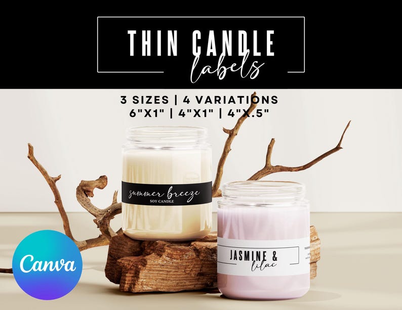 Puede incluir: Dos velas en tarro de cristal con etiquetas que dicen "summer breeze" y "jasmine & lilac". Las etiquetas son en blanco y negro. La imagen tambi&eacute;n muestra el texto "Thin Candle Labels" y los tama&ntilde;os 15,2cm x 2,5cm, 10,1cm x 2,5cm y 10,1cm x 1,2cm.