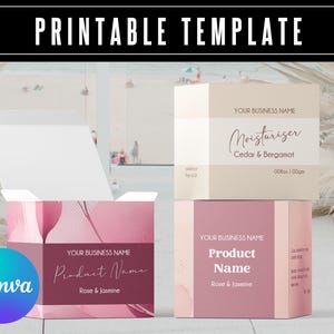 May include: Printable template featuring product packaging boxes. One box is open, revealing a pink interior design. The boxes display the text "Moisturizer" and "Product Name", along with product details and the Canva logo.