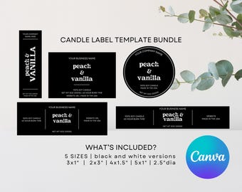 Paquete de plantillas de etiquetas para velas, 5 tamaños, 2 colores, plantilla de diseño, imprimible de marca minimalista moderna para velas, marca de producto casera