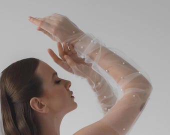 Guanti lunghi senza dita con perle, guanti da sposa avorio fino alla spalla